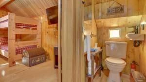 a bathroom with a toilet and a bunk bed in a cabin at Moosewood Cabin - Meredith Lodging in Government Camp +52 photos