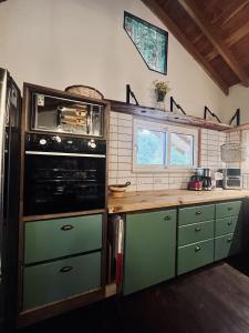a kitchen with green cabinets and a stove top oven at Oceana Suites Panguipulli in Panguipulli +32 photos