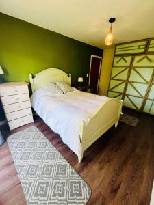 a bedroom with a bed and a green wall at Oceana Suites Panguipulli in Panguipulli