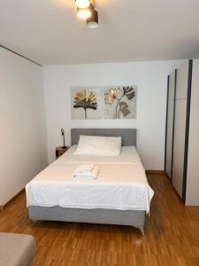 a bedroom with a bed and two paintings on the wall at Piti in Lucerne