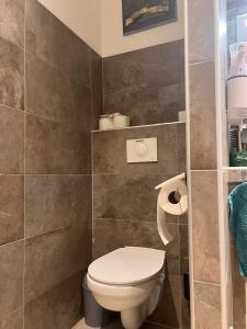 a bathroom with a toilet and a tiled wall at F3 CENTRE de ST-FLORENT in Saint-Florent