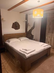 a bedroom with a bed and a light fixture at Casa Cosmin in Dobra