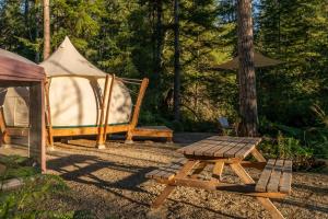 a tent and a bench and a picnic table at Smith Lake Farm in Merville