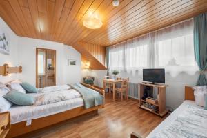 a bedroom with two beds and a flat screen tv at Ferienhaus Seehang in Meersburg