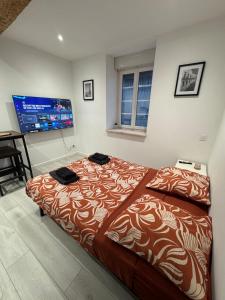 a bedroom with a bed and a flat screen tv at Les Perles de Limoux -Studio Centre Climatiseur Wifi Parking Gratuit in Limoux