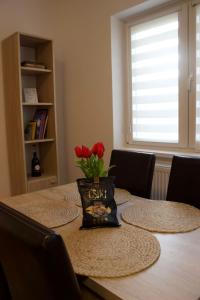 a table with a vase of red roses on it at Natasa apartment in Băile Tuşnad +8 photos