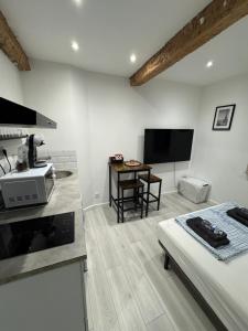 a kitchen and living room with a bed and a table at Les Perles de Limoux -Studio Centre Climatiseur Wifi Parking Gratuit in Limoux
