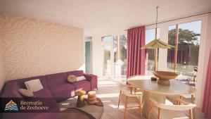 a living room with a purple couch and a table at Waddenlodge Premium in Harlingen