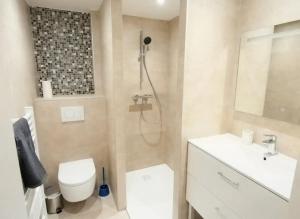 a bathroom with a shower and a toilet and a sink at AlsAppart, duplex climatisé à 5 min de Colmar in Sainte-Croix-en-Plaine +22 photos