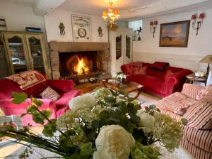 a living room with red couches and a fireplace at La Petite Madeleine is a Charming 2 Bedroom Pet Friendly Gite situated on Dinan Port in Dinan