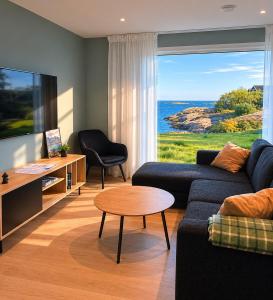 a living room with a couch and a table and a television at Reine Sea Apartment in Moskenes