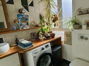 a washing machine in a kitchen with plants on a counter at Chambre et Salle de bain privées avec vue sur jardin dans maison familiale in Montreuil