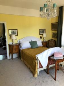 a bedroom with a bed and two tables and a chandelier at Old Parish Hall, Waldeck Castle in Beltheim