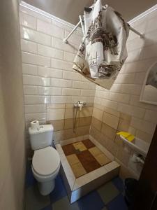 a bathroom with a toilet and a towel hanging on the wall at Дача in Kurortne +4 photos
