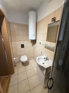 a bathroom with a toilet and a sink at Apartament pod Dębami in Rowy +26 photos