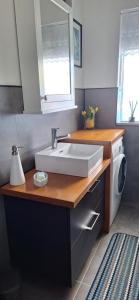 a bathroom with a sink and a washing machine at Windy Guesthause in Grundarfjordur +13 photos