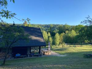 a barn in a field with trees in the background at Dom dwa światy in Międzybrodzie Bialskie