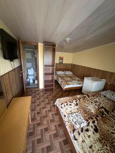 a room with three beds and a tv in it at Дача in Kurortne
