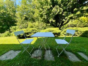 two chairs and a table in the grass at Le Studio nature de La Pra in Herbeys +3 photos