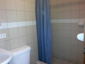 a bathroom with a toilet and a blue shower curtain at Hotel Calima in Quito +7 photos