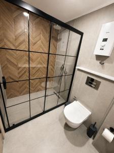 a bathroom with a shower and a toilet at Busera Vida Inn in Ilıcaköy +4 photos