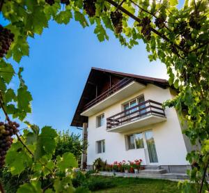 a white house with a black roof at Cazare Vila Maria in Curtea de Argeş