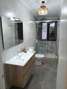 a bathroom with a sink and a toilet and a mirror at Casa da Chelo 