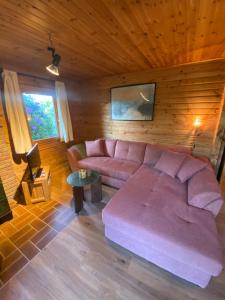 a living room with a pink couch in a wooden room at Gemütliche Hütte im Grünen in Dammbach