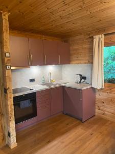 a kitchen with purple appliances and a wooden ceiling at Gemütliche Hütte im Grünen in Dammbach +4 photos
