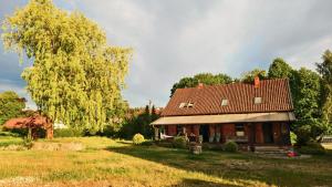 a small house with a red roof in a field at Siedlisko Drwęck in Drwęck