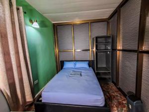 a small bedroom with a bed and a green wall at Nic's Inn in Freetown