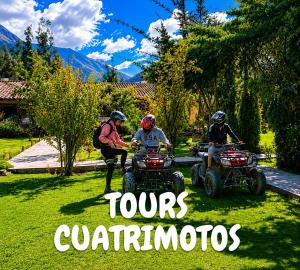 a group of three people riding atvs on the grass at Chaska Valle Green in Urubamba