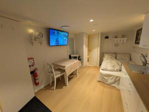 a bedroom with a bed and a table and a television at Elf's Cottage in Vatnsoyrar