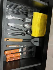 a drawer full of utensils in a kitchen at Loft Rome Nacosari in Aguascalientes