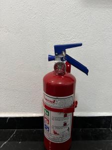 a red fire hydrant with a blue nozzle on top of it at Loft Rome Nacosari in Aguascalientes +9 photos