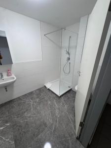 a bathroom with a shower and a sink at Ferienapartments Sternen WOHN 7 in Baiersbronn