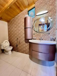 a bathroom with a sink and a mirror and a toilet at The Valley View Pent House in Murree +20 photos