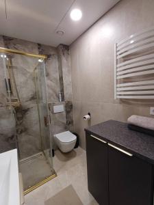 a bathroom with a toilet and a glass shower at Labaresto Plaza jums in Vilnius +1 photo