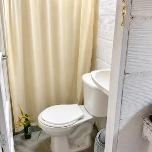 a bathroom with a toilet and a shower curtain at ECOHostal Las Hamacas El Mirador A Manizales in Villamaría