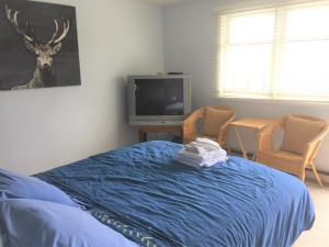 a bedroom with a bed and a tv and two chairs at Misty River Lodge - in Radium Hot Springs