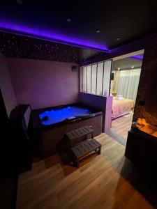 a purple room with a tub and a bed at L'annexe étoilée in Couvin +13 photos