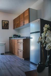a kitchen with a refrigerator and wooden cabinets at Villa La Dueña Las Terrenas in Las Terrenas