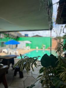a swimming pool with a table and a plant at Hospedagem Riazo in Pirenópolis
