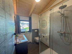 a bathroom with a shower and a sink and a toilet at Obermöschach 1 in Lake Pressegg +41 photos