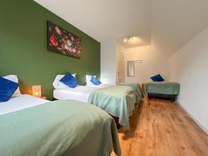 a room with three beds with green walls and wooden floors at Landzicht in Haps