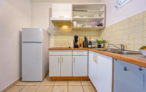 a kitchen with a white refrigerator and a sink at Nid rose paradis secret au robert avec jacuzzi in Le Robert