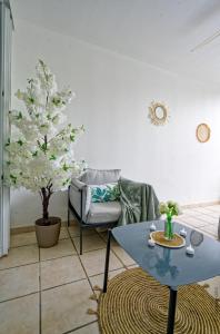 a living room with a coffee table and a tree at Nid rose paradis secret au robert avec jacuzzi in Le Robert +18 photos