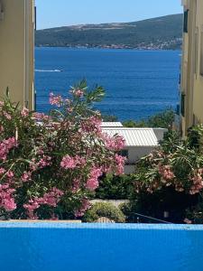 a view of the ocean from a building with flowers at Adriadome Sky in Bijela +23 photos
