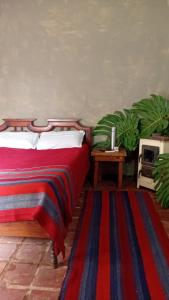 a bedroom with a bed with a red and blue blanket at Casa Alquimia Completa in Samaipata