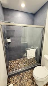 a bathroom with a shower with a toilet at Glacier Luxury Retreat Montana Sky Apartment 2 in Hungry Horse +23 photos